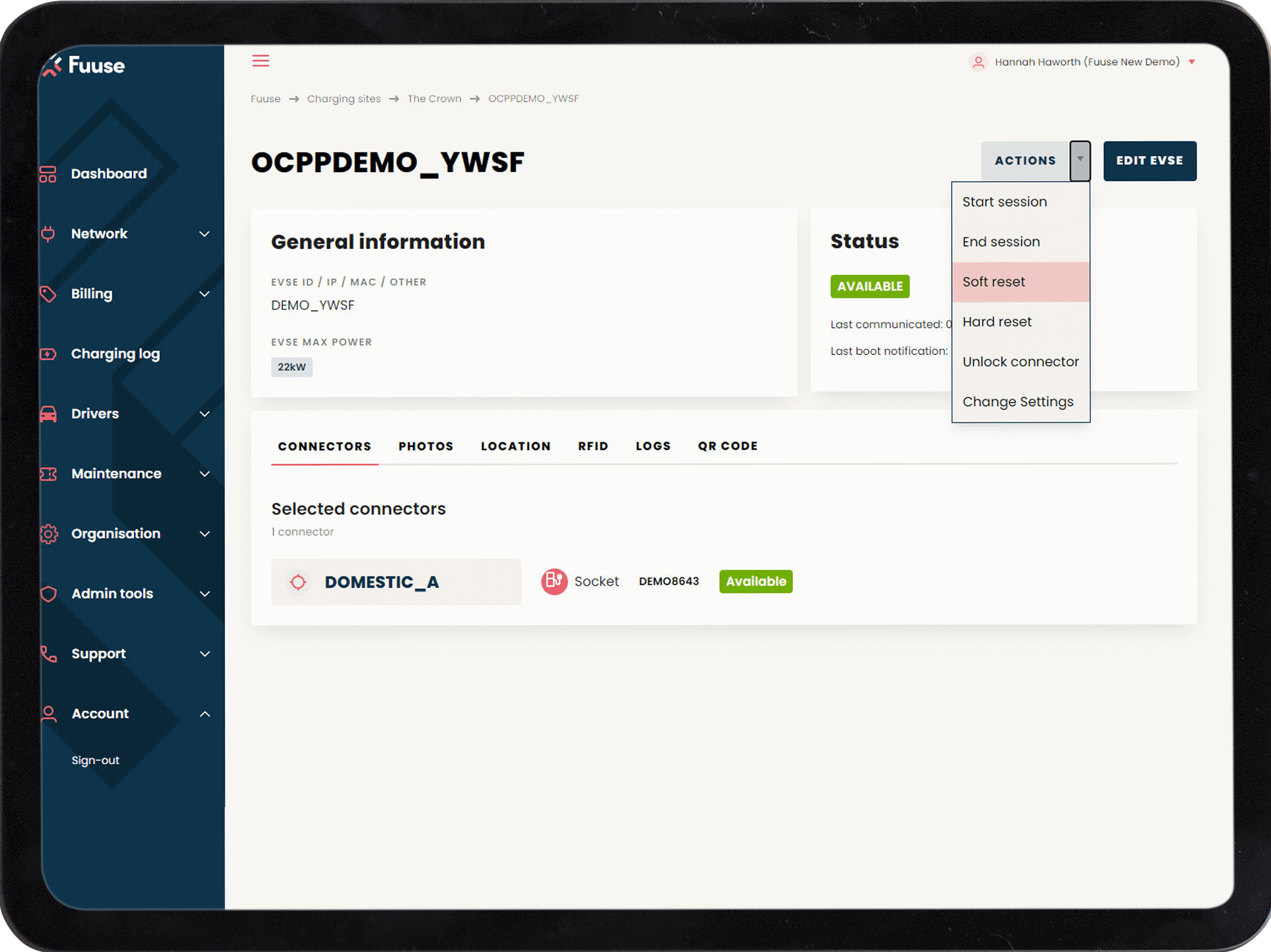 EV charger back-office software on a tablet screen